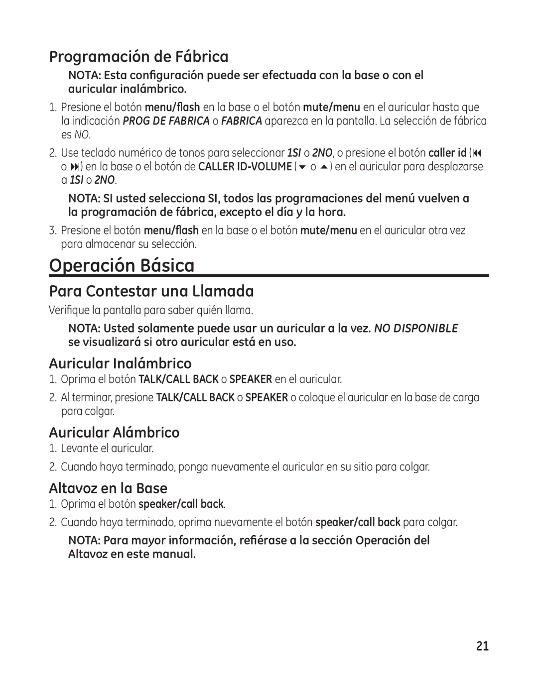 GE 25982 manual Operación Básica, Programación de Fábrica, Para Contestar una Llamada 