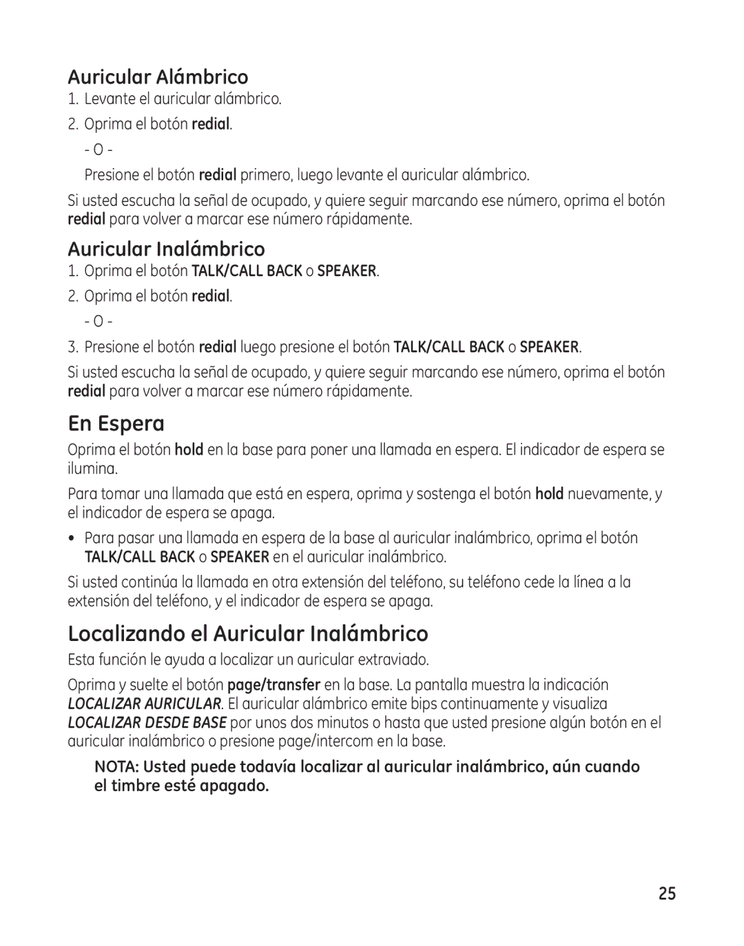 GE 25982 manual En Espera, Localizando el Auricular Inalámbrico, Oprima el botón TALK/CALL Back o Speaker 