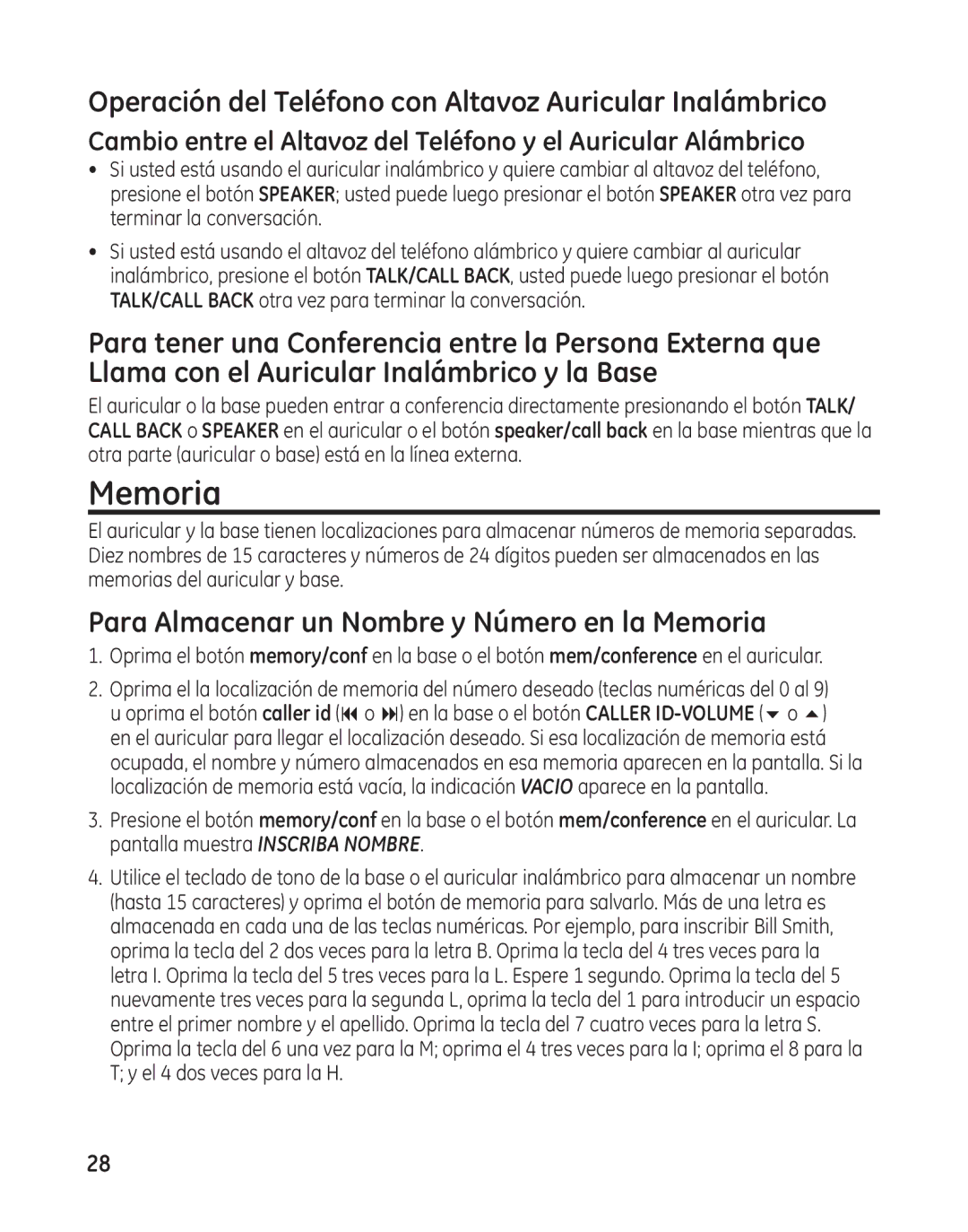 GE 25982 manual Memoria, Operación del Teléfono con Altavoz Auricular Inalámbrico 