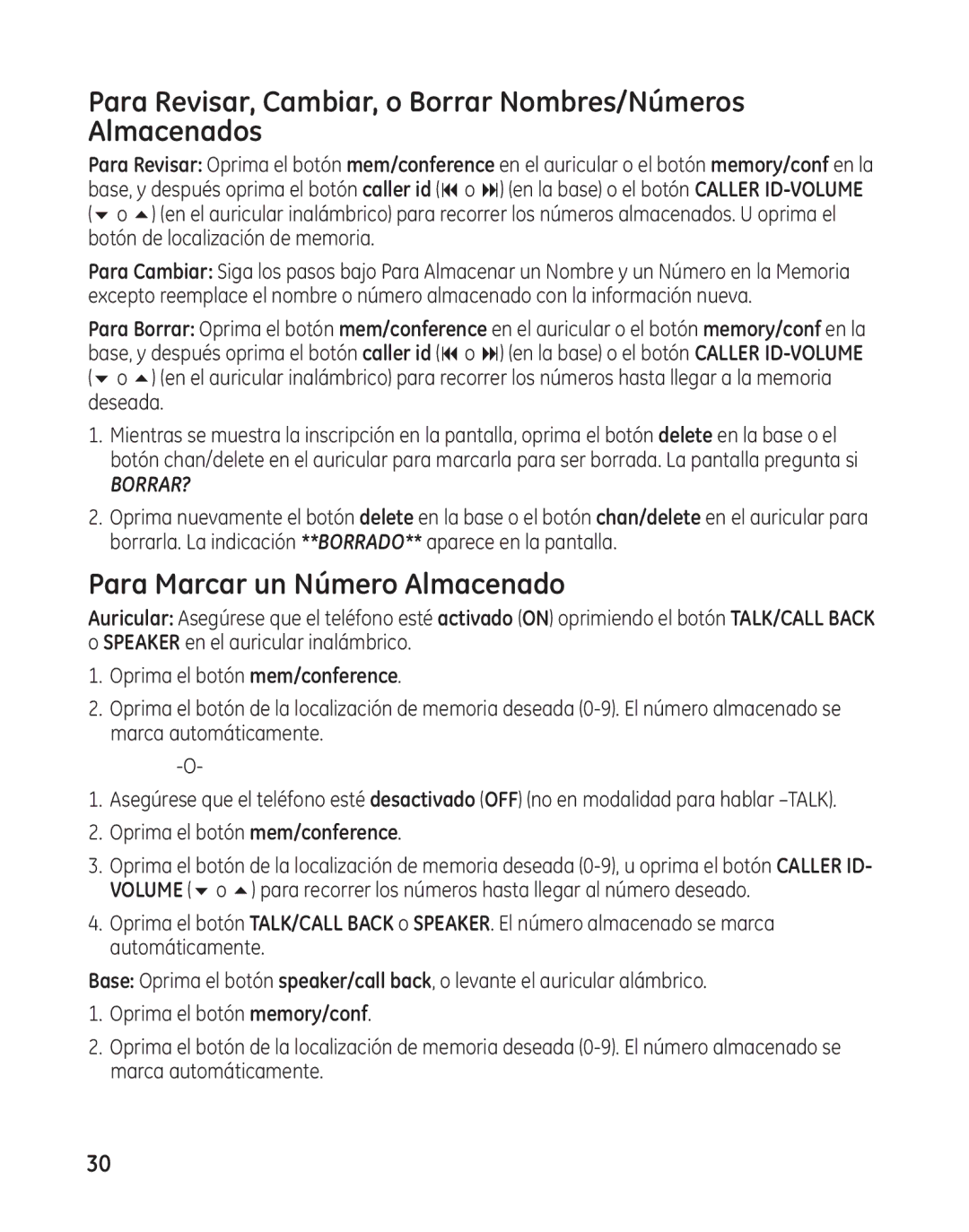 GE 25982 manual Para Revisar, Cambiar, o Borrar Nombres/Números Almacenados, Para Marcar un Número Almacenado 