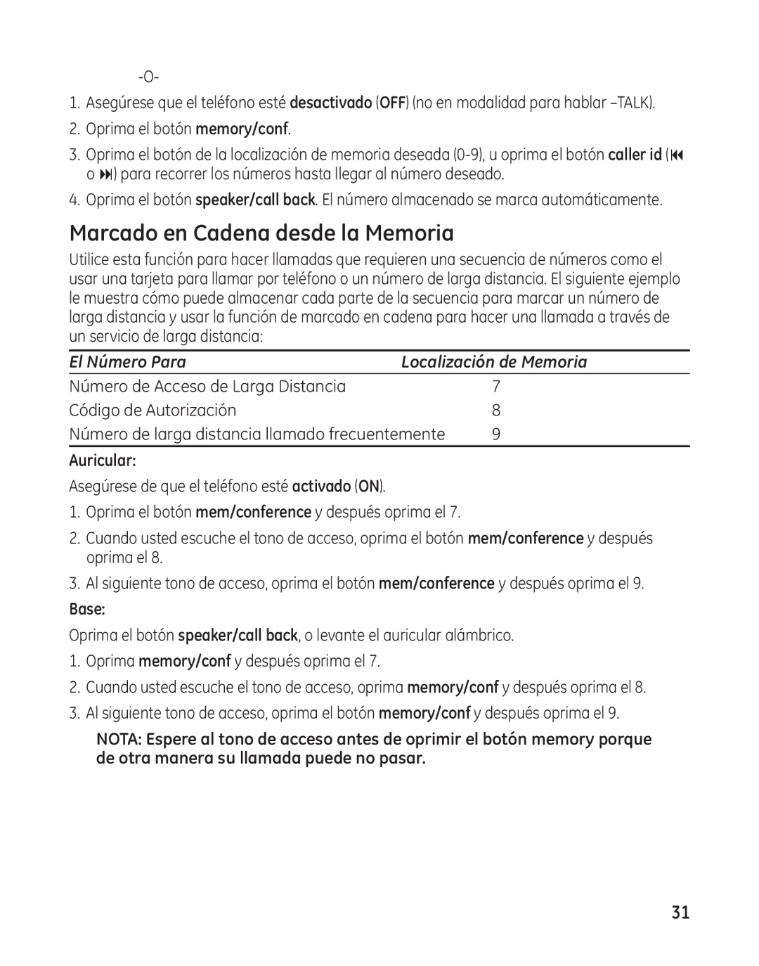 GE 25982 manual Marcado en Cadena desde la Memoria, Auricular, Base 