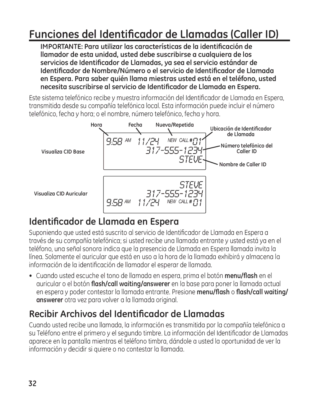 GE 25982 manual Funciones del Identificador de Llamadas Caller ID, Identificador de Llamada en Espera 