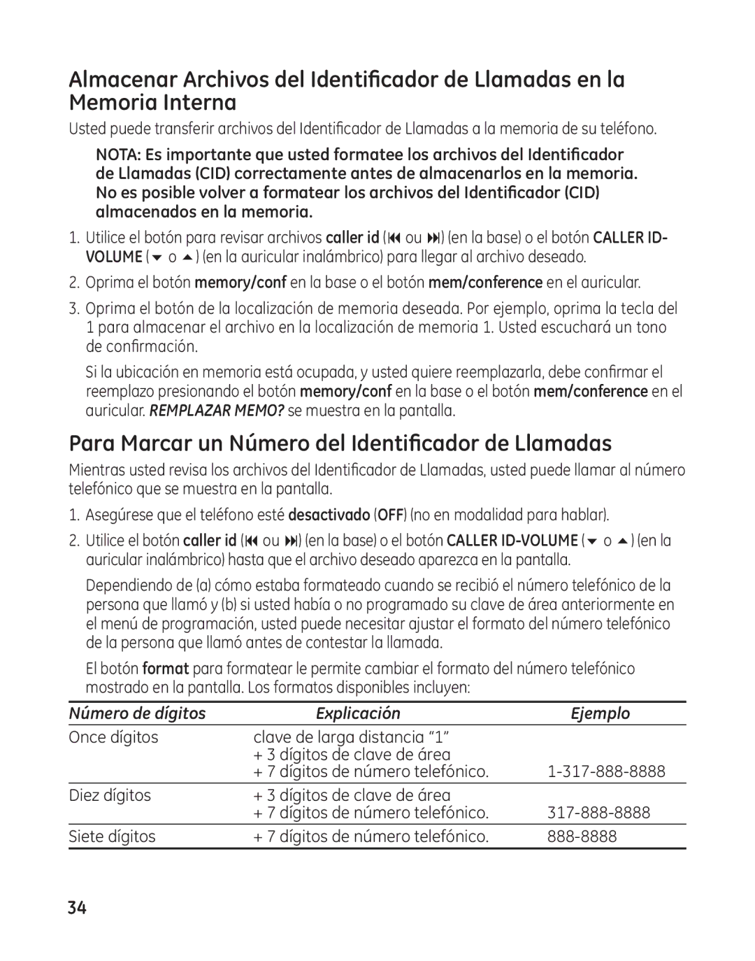 GE 25982 manual Para Marcar un Número del Identificador de Llamadas, Número de dígitos Explicación Ejemplo 