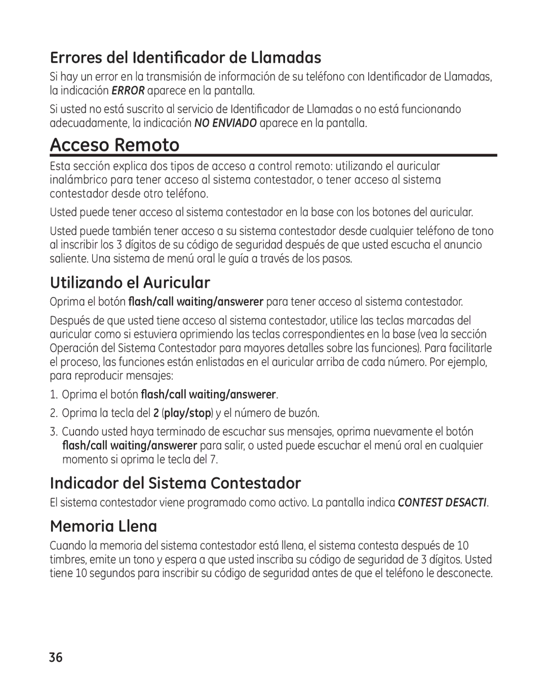 GE 25982 Acceso Remoto, Errores del Identificador de Llamadas, Utilizando el Auricular, Indicador del Sistema Contestador 