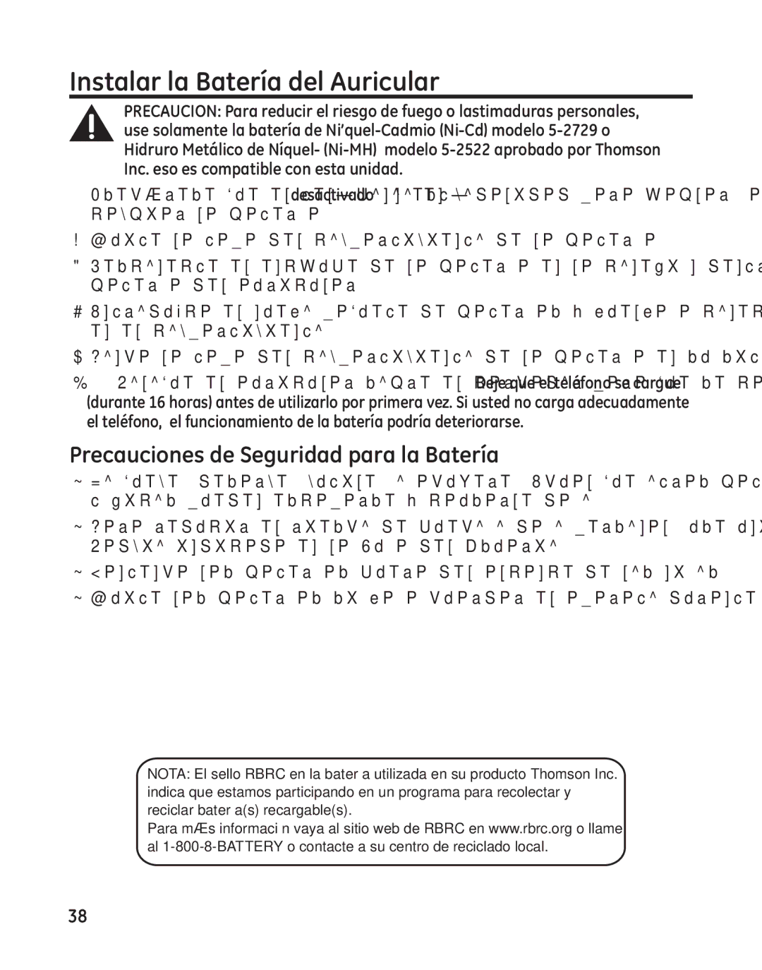 GE 25982 manual Instalar la Batería del Auricular, Precauciones de Seguridad para la Batería 