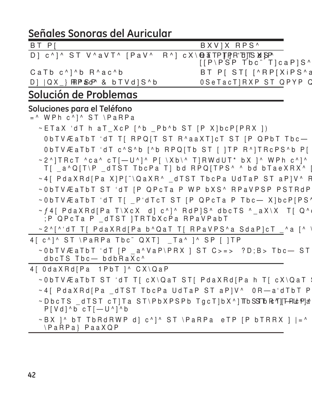 GE 25982 manual Señales Sonoras del Auricular, Solución de Problemas, Soluciones para el Teléfono 