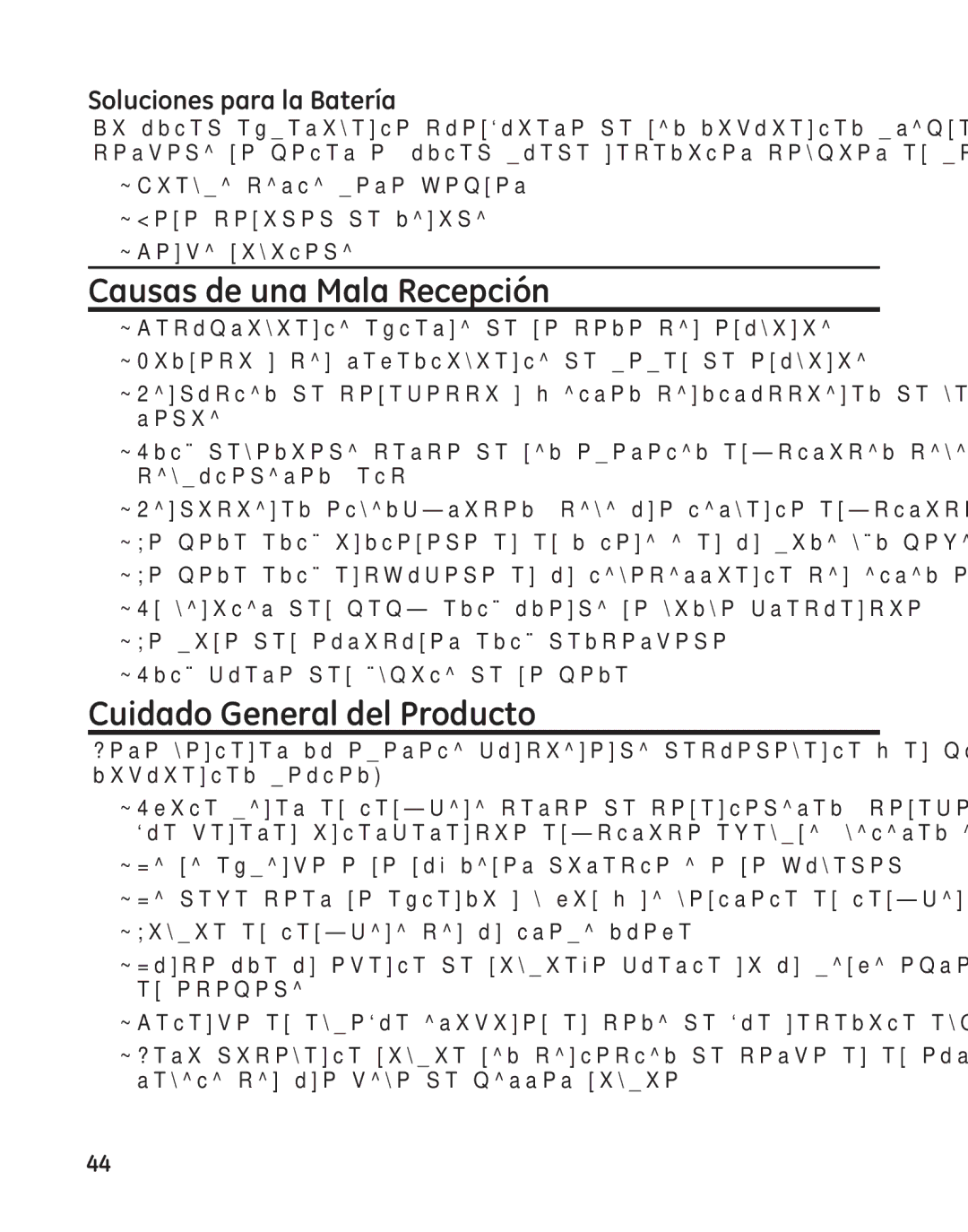 GE 25982 manual Causas de una Mala Recepción, Cuidado General del Producto, Soluciones para la Batería 