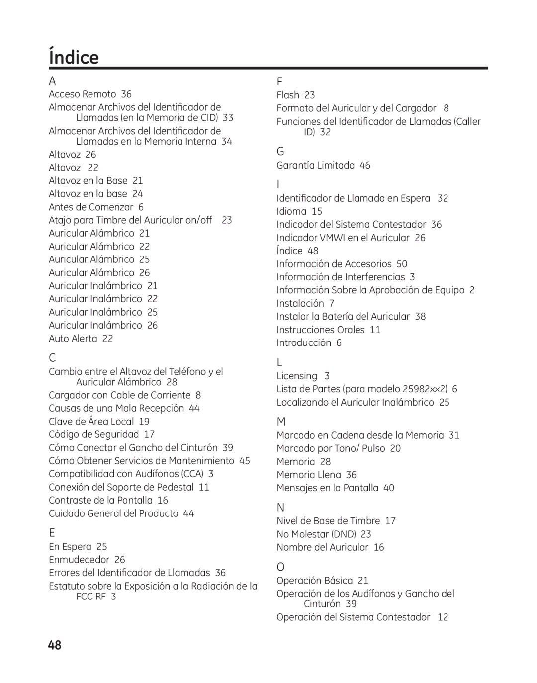 GE 25982 manual Índice, Acceso Remoto 