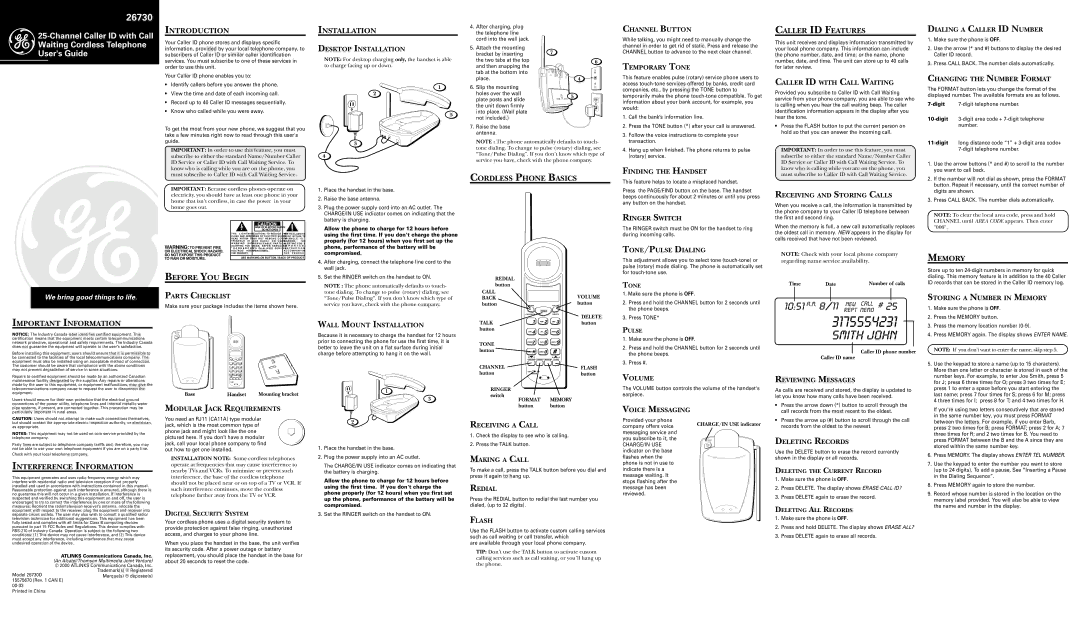 GE 26730 user service Introduction, Installation, Caller ID Features, Cordless Phone Basics, Before YOU Begin, Memory 