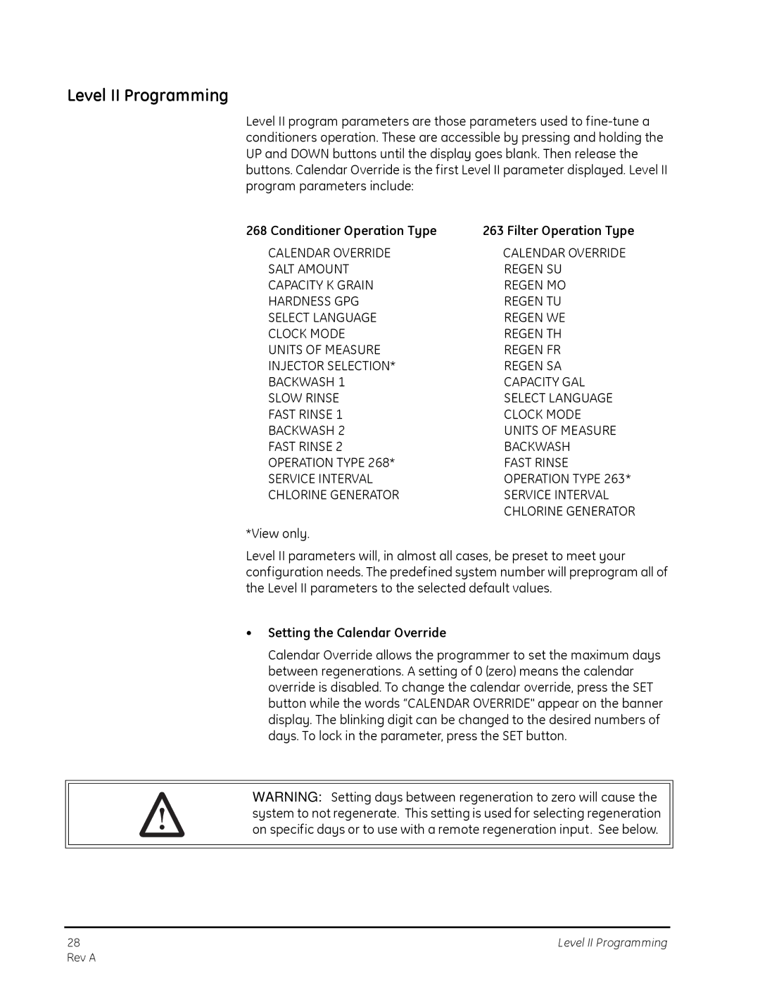 GE 268, 263 manual Level II Programming, Conditioner Operation Type, Setting the Calendar Override, Filter Operation Type 