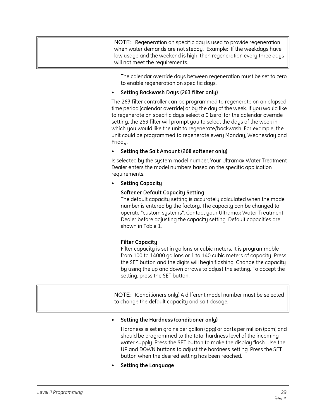 GE manual Setting Backwash Days 263 filter only, Setting the Salt Amount 268 softener only, Filter Capacity 