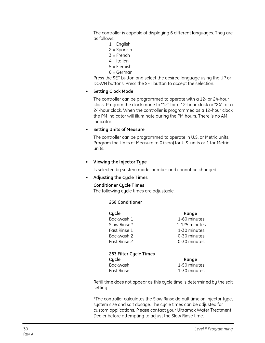 GE 268, 263 manual Setting Clock Mode, Setting Units of Measure, Viewing the Injector Type, Conditioner Cycle Range 