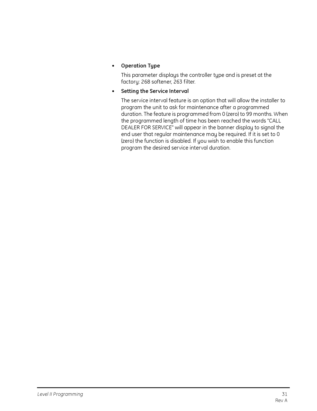 GE 263, 268 manual Operation Type, Setting the Service Interval 