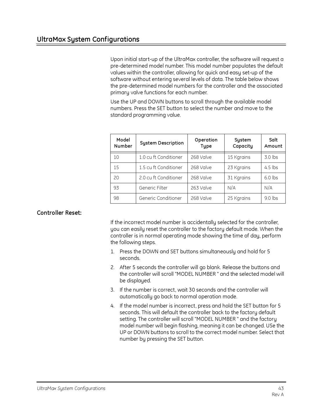 GE 263, 268 manual UltraMax System Configurations, Controller Reset 