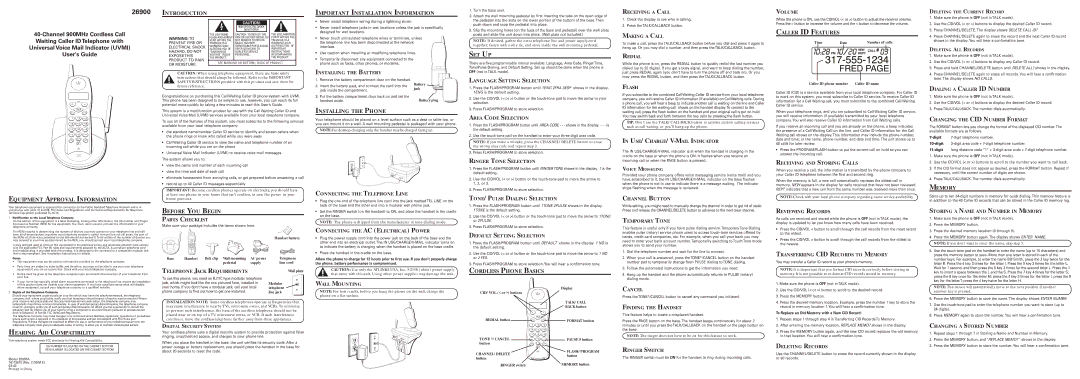 GE 26900 important safety instructions Introduction Important Installation Information, Set Up, Caller ID Features, Memory 