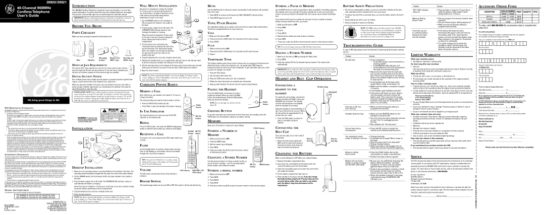 GE 26920R warranty Introduction, Before YOU Begin, Headset and Belt Clip Operation, Troubleshooting Guide, Memory 