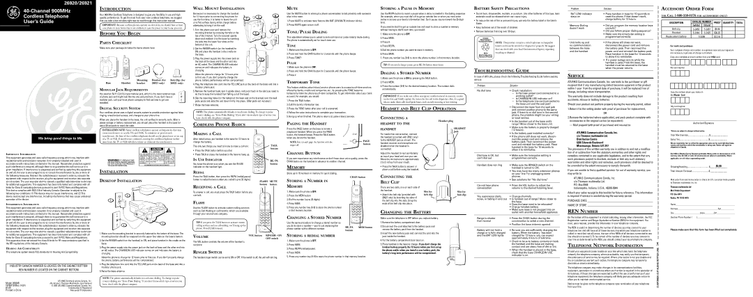 GE 26921 instruction manual Introduction, Before YOU Begin, Troubleshooting Guide, Service, Installation, Memory 