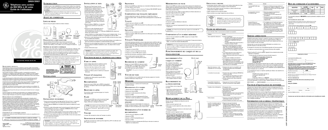 GE 26921 Avant DE Commencer, Guide DE Dépannage, BON DE Commande D’ACCESSOIRES, Service APRÈS-VENTE, Mémoire 