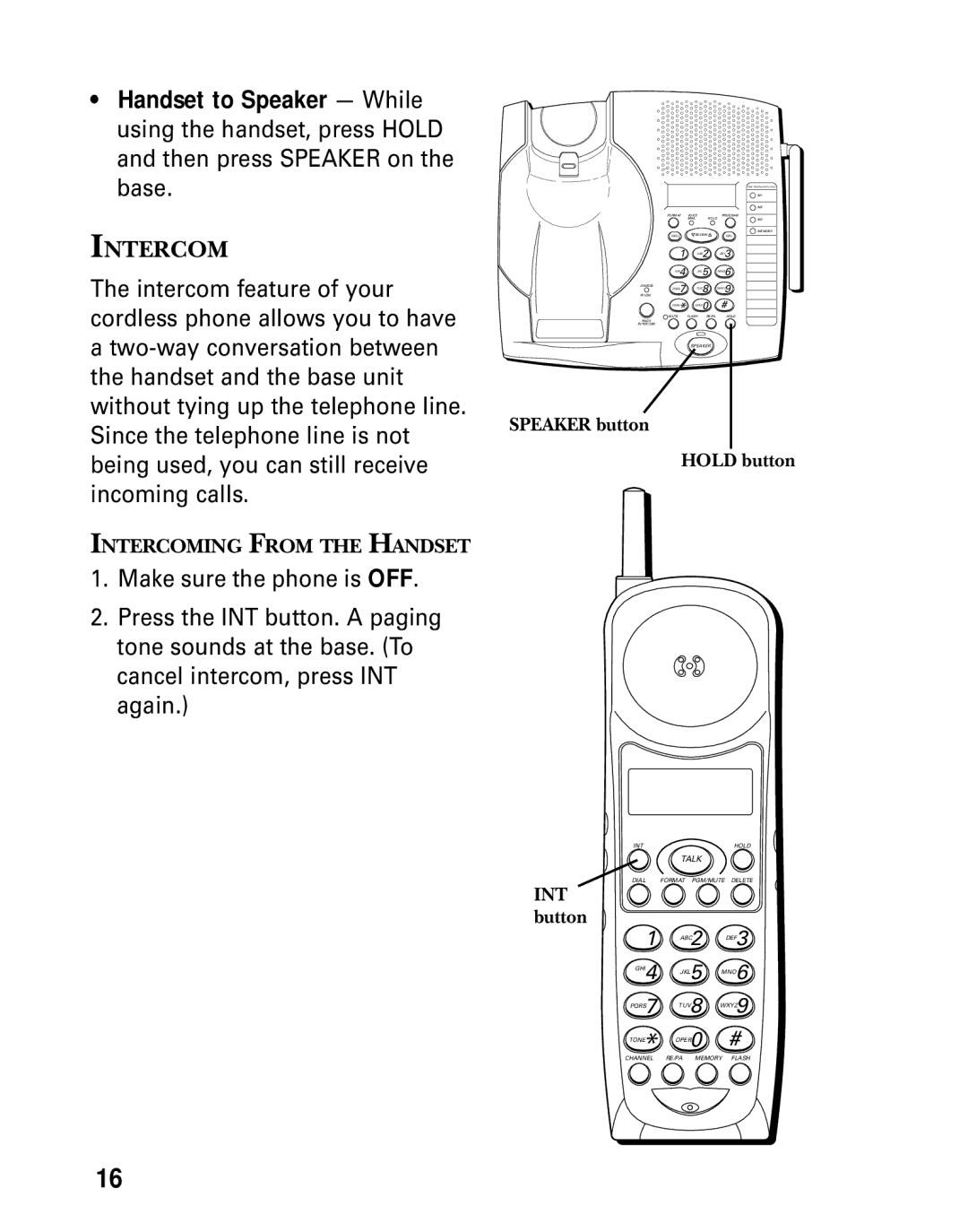 GE 26936 manual Intercom, Speaker button Hold button, INT button 