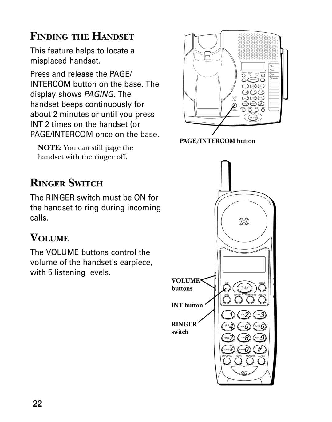 GE 26936 manual Finding the Handset, Ringer Switch, PAGE/INTERCOM button, INT button Ringer switch 