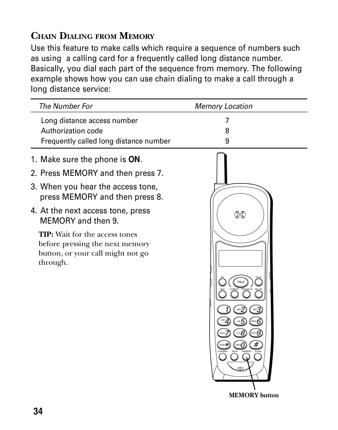 GE 26936 manual Make sure the phone is on Press Memory and then press 