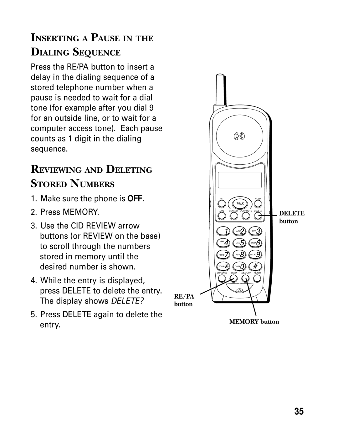 GE 26936 manual Inserting a Pause Dialing Sequence, Reviewing and Deleting Stored Numbers, RE/PA button Memory button 