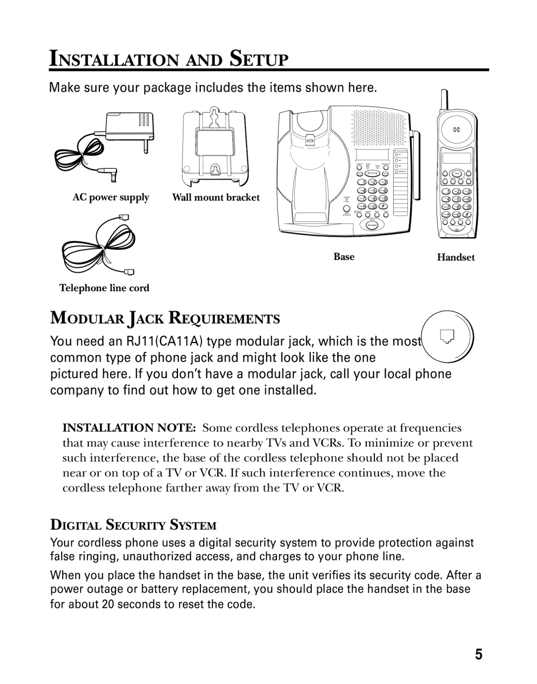 GE 26936 manual Installation and Setup, Modular Jack Requirements, AC power supply, BaseHandset Telephone line cord 