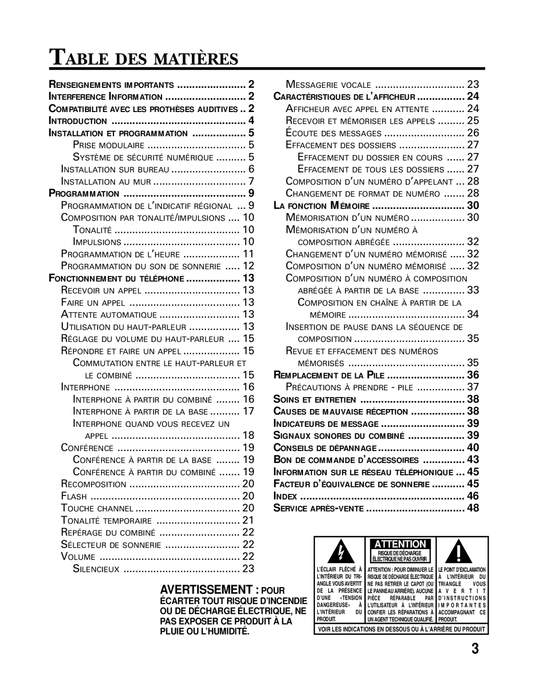 GE 26936 manual Table DES Matières, LA Fonction Mémoire 