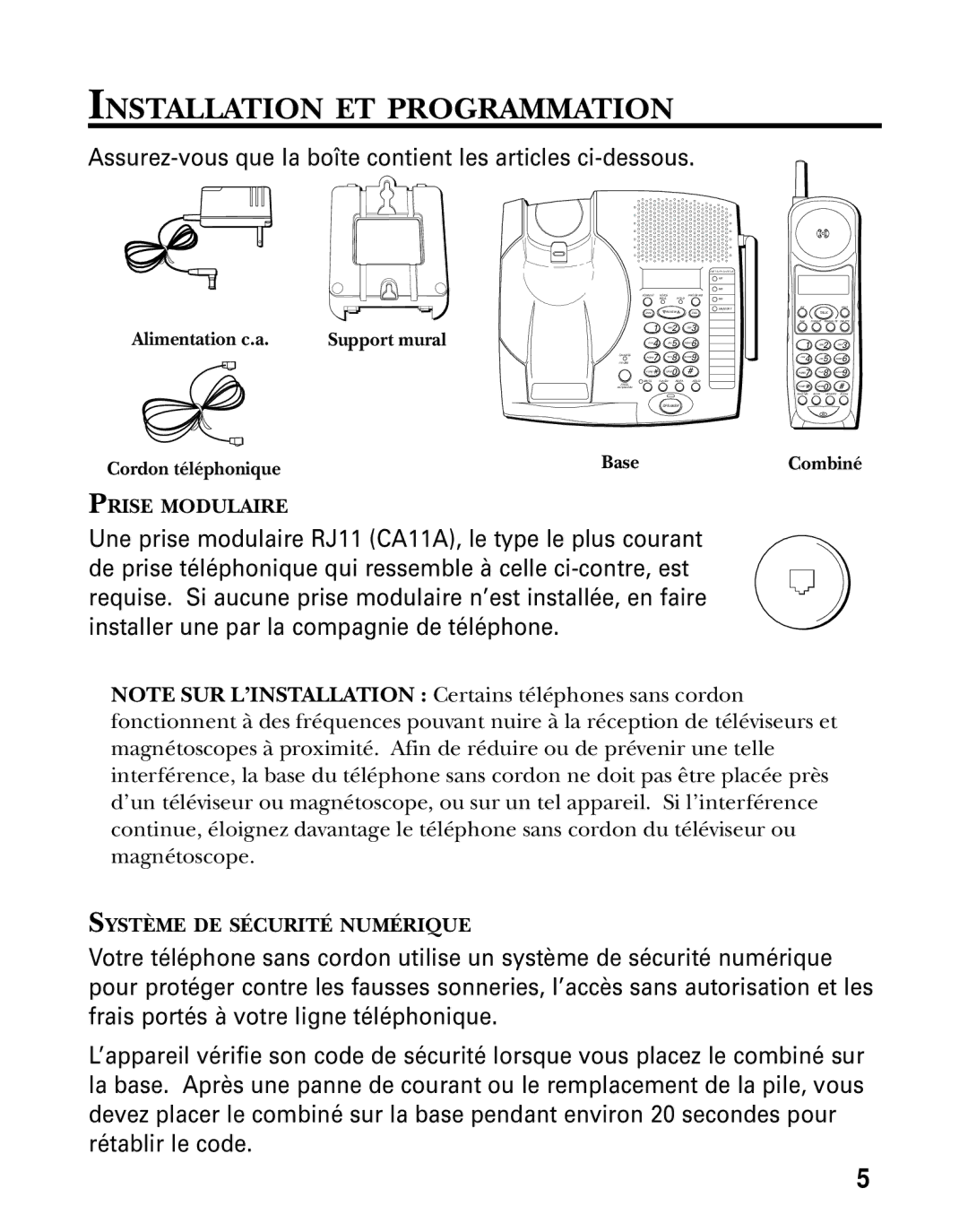 GE 26936 manual Installation ET Programmation, Cordon téléphonique, Combiné 