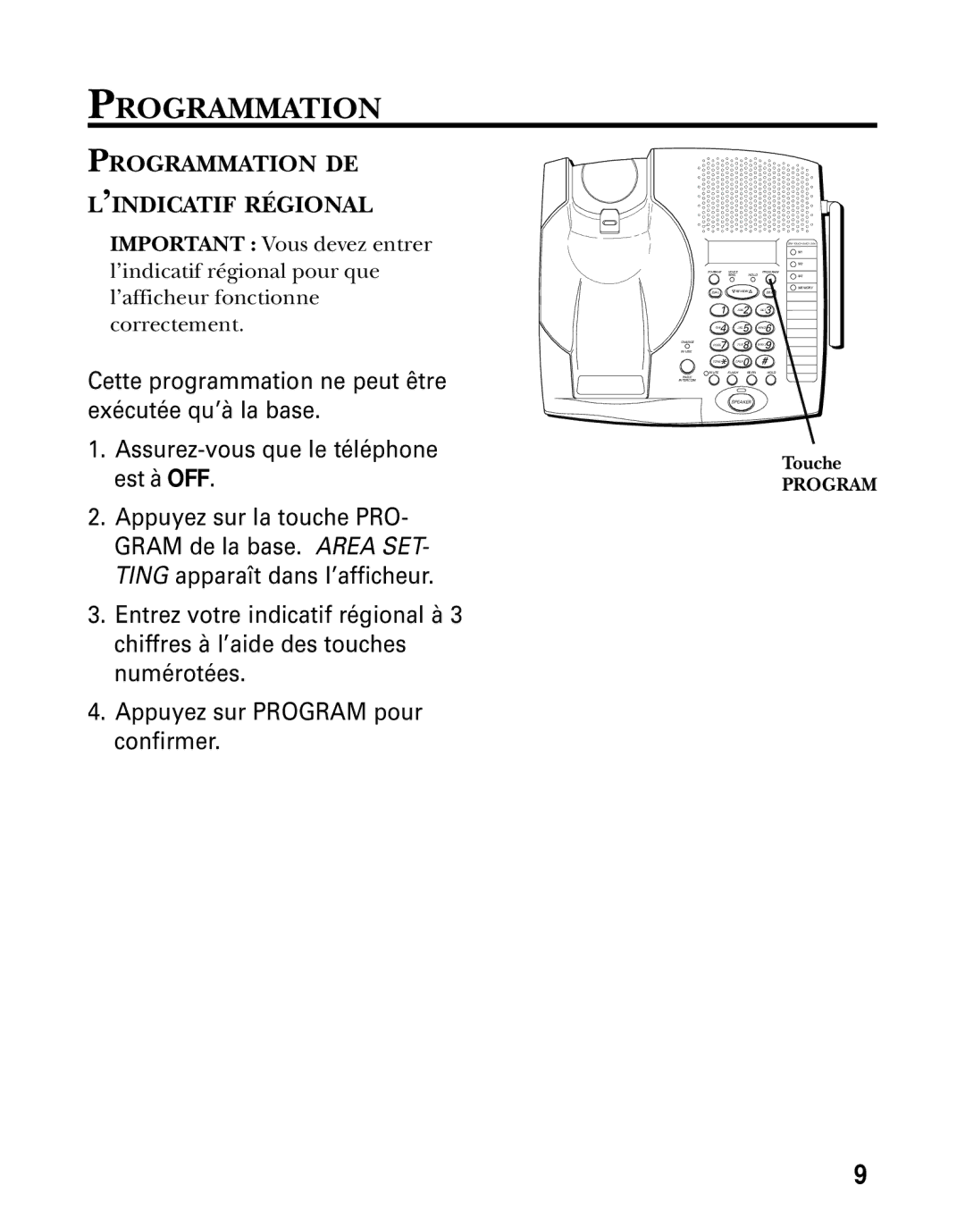 GE 26936 manual Programmation DE ’INDICATIF Régional, Touche 