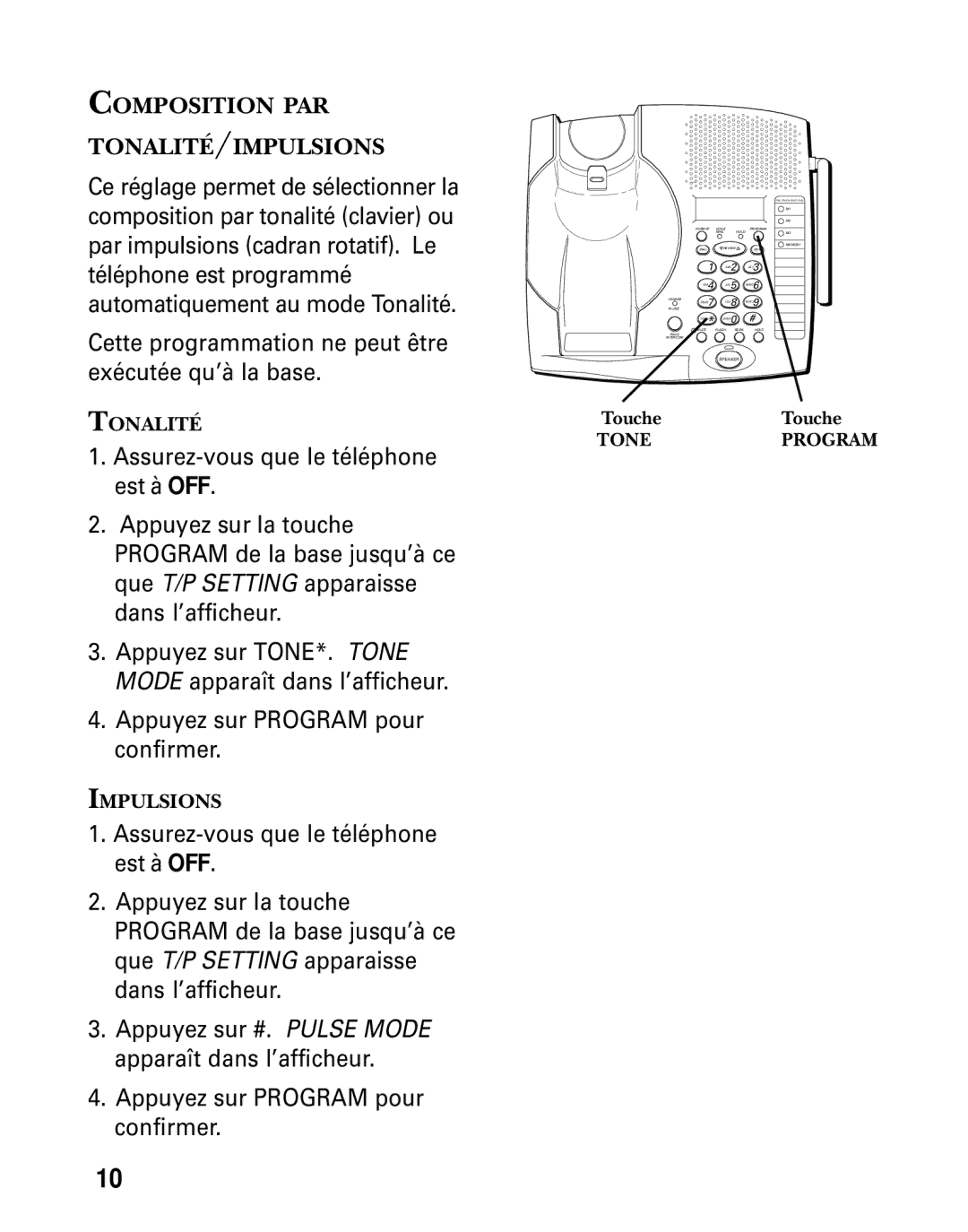 GE 26936 manual Composition PAR TONALITÉ/IMPULSIONS 