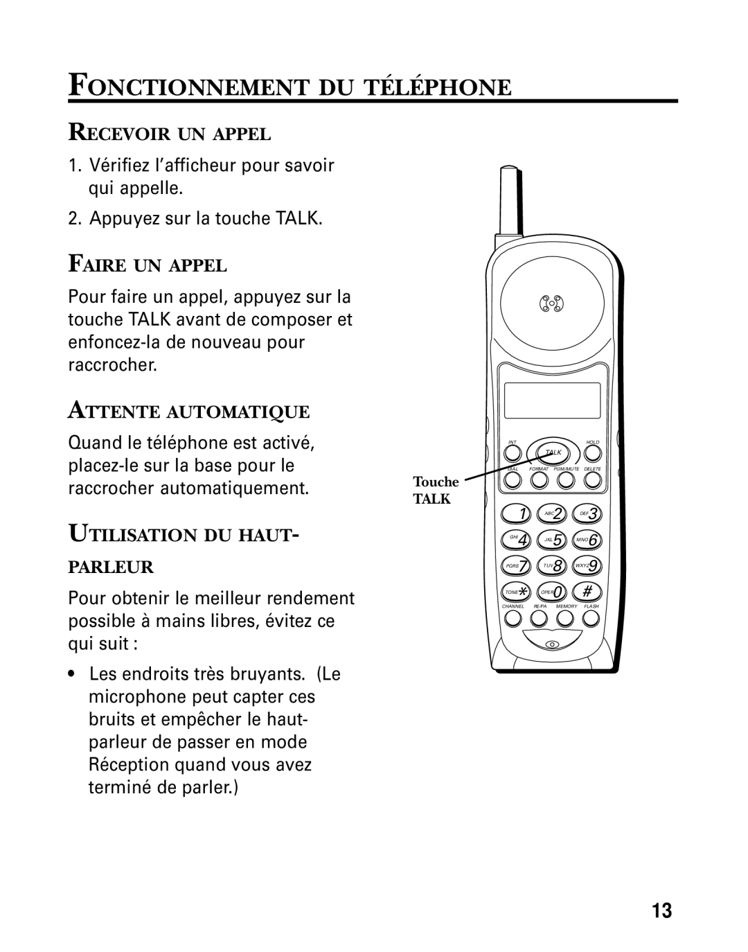 GE 26936 Fonctionnement DU Téléphone, Recevoir UN Appel, Faire UN Appel, Attente Automatique, Utilisation DU Haut Parleur 