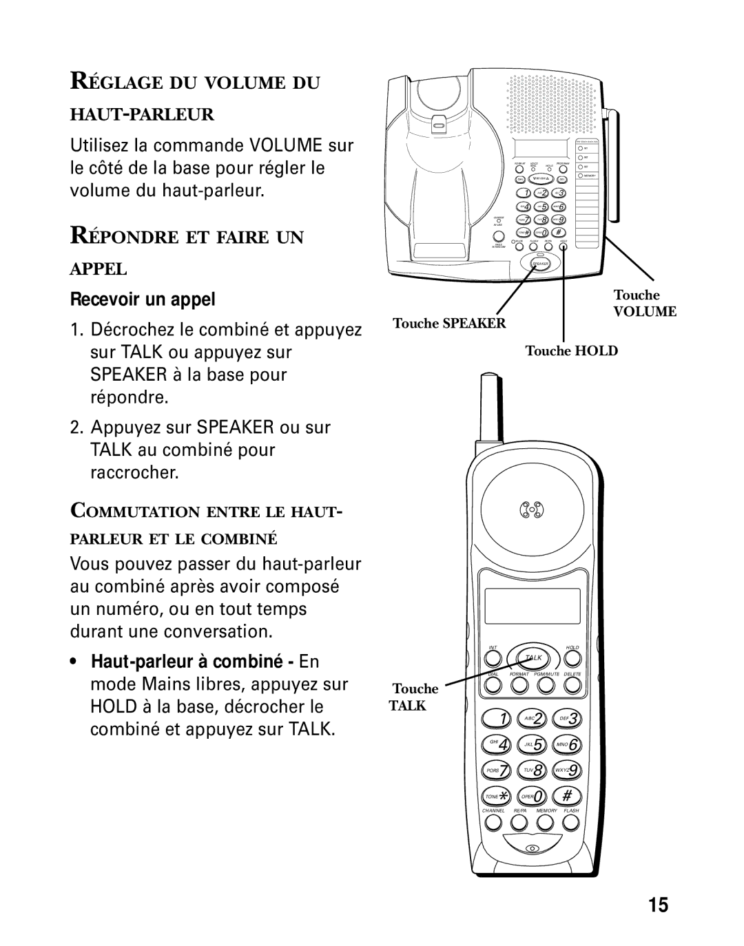 GE 26936 manual Réglage DU Volume DU HAUT-PARLEUR, Répondre ET Faire UN Appel, Touche Speaker Touche Hold 