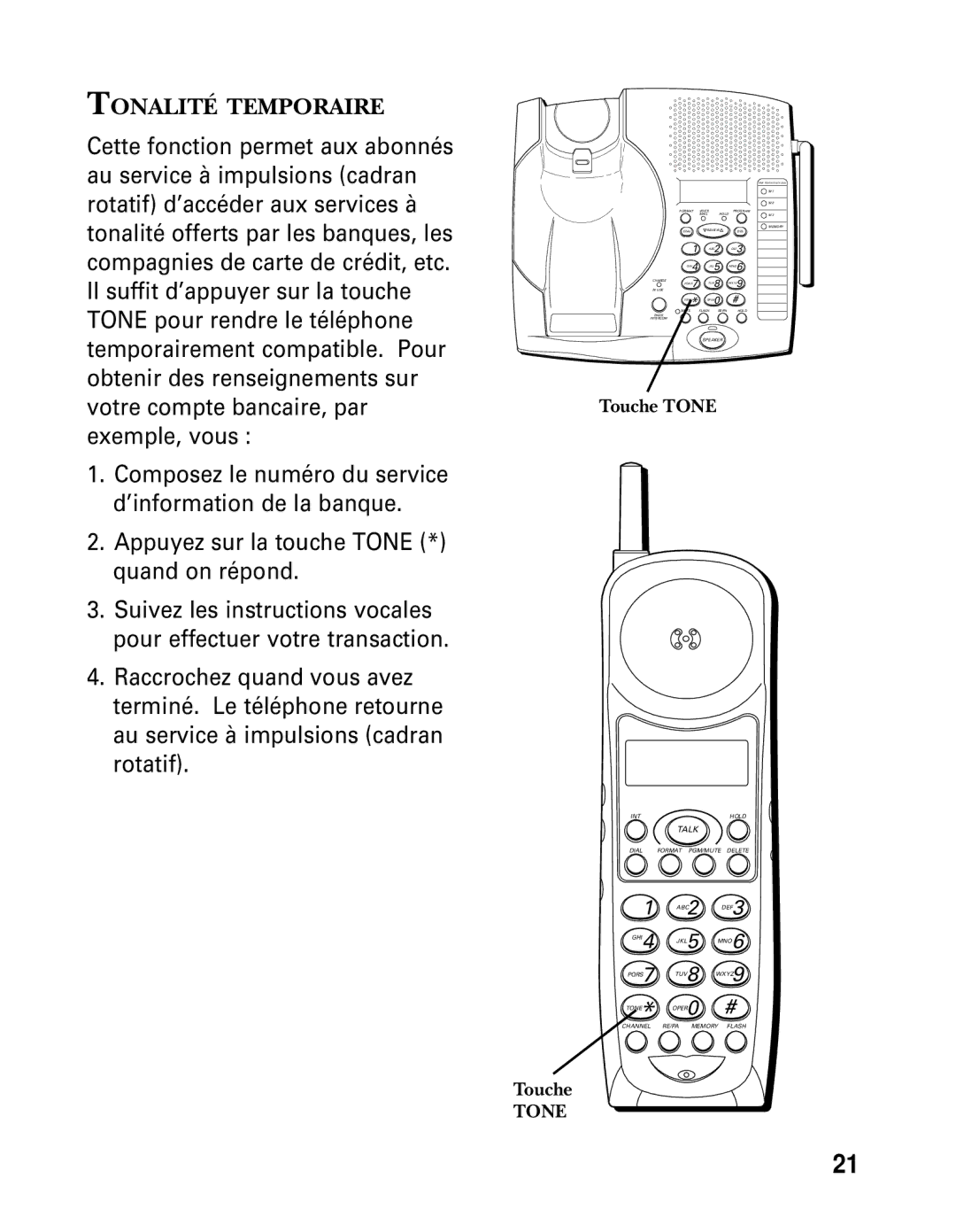 GE 26936 manual Tonalité Temporaire, Touche Tone 