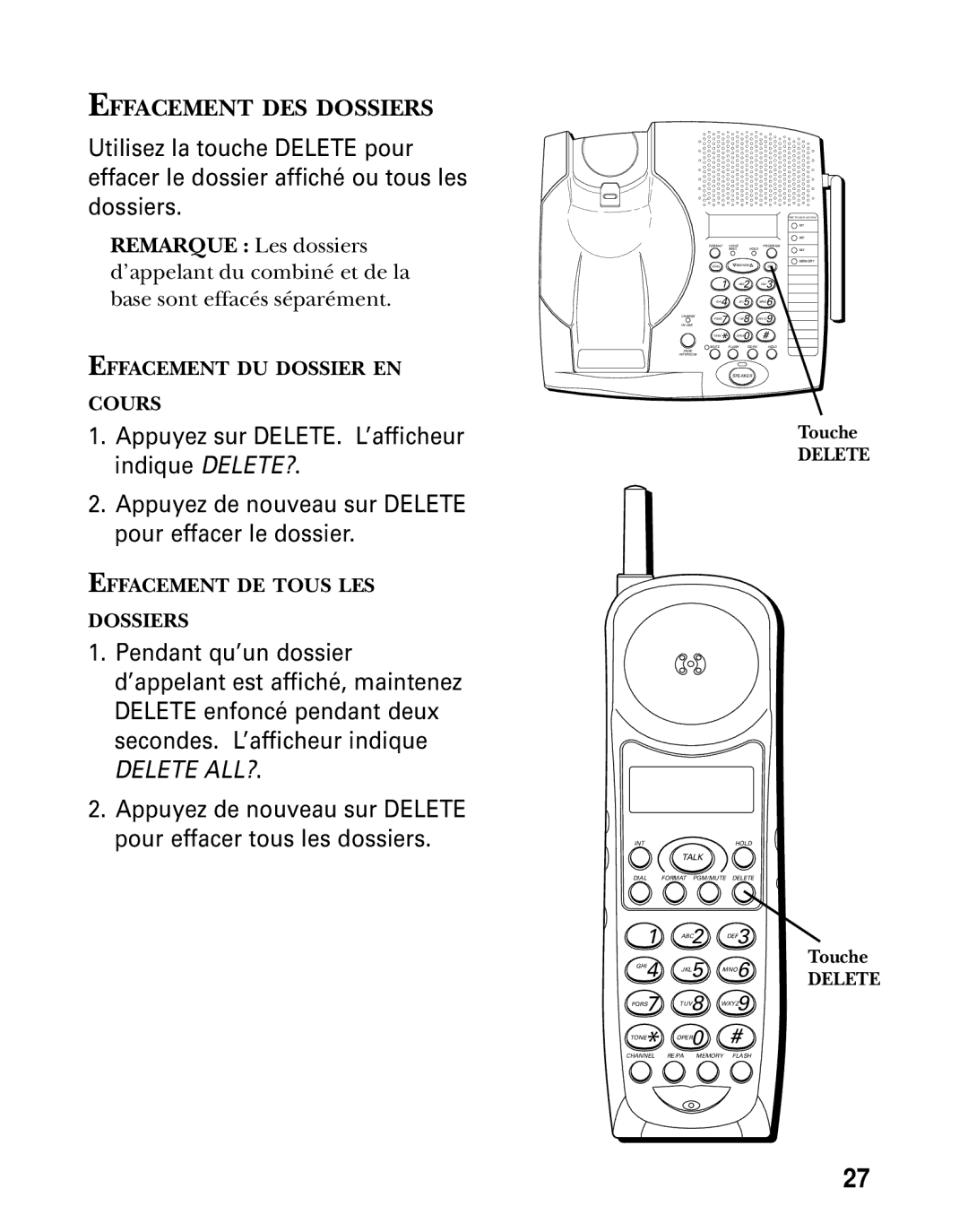 GE 26936 manual Effacement DES Dossiers, Delete ALL? 