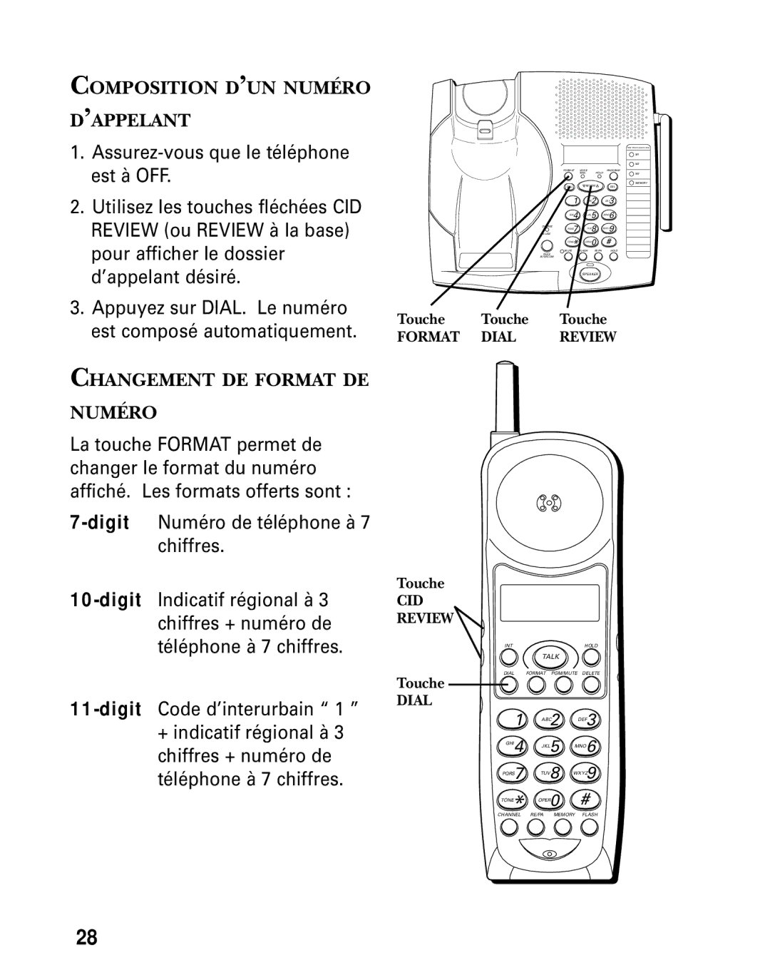 GE 26936 manual Composition D’UN Numéro ’APPELANT, Changement DE Format DE Numéro, Touche Touche Touche 