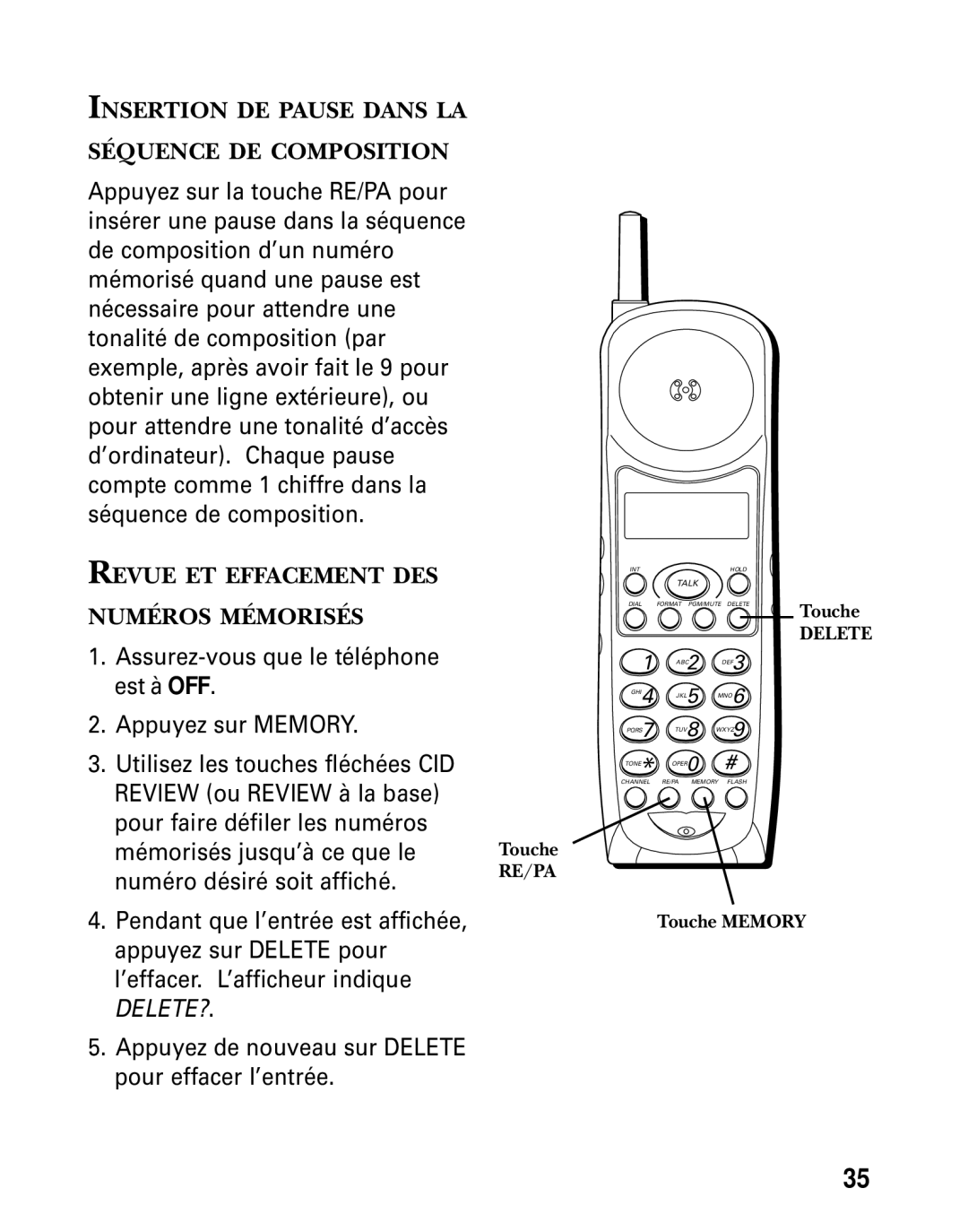 GE 26936 manual Insertion DE Pause Dans LA Séquence DE Composition, Revue ET Effacement DES Numéros Mémorisés 