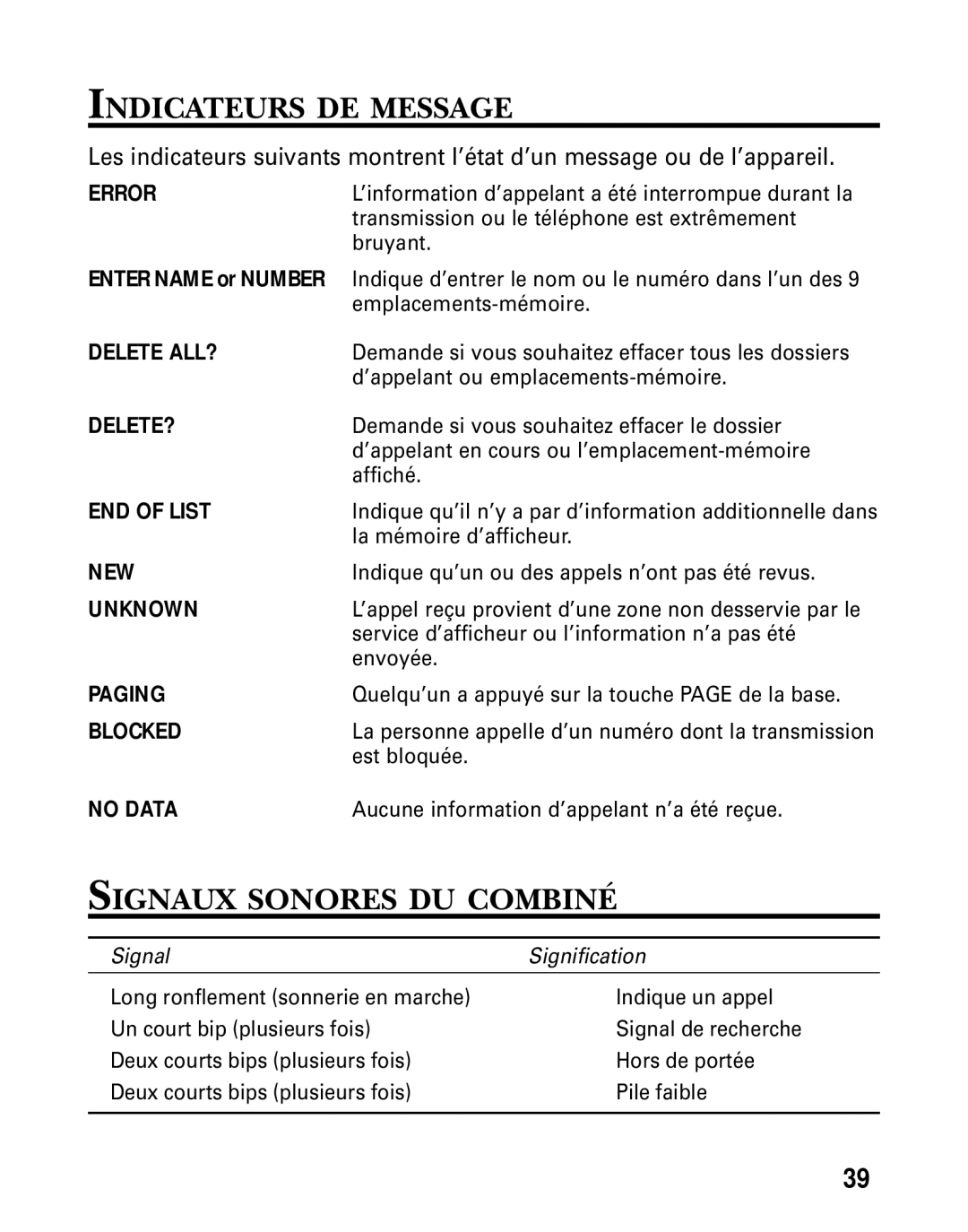 GE 26936 manual Indicateurs DE Message, Signaux Sonores DU Combiné 