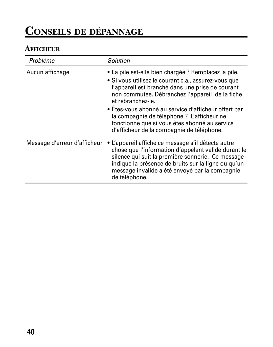 GE 26936 manual Conseils DE Dépannage, Si vous utilisez le courant c.a., assurez-vous que 