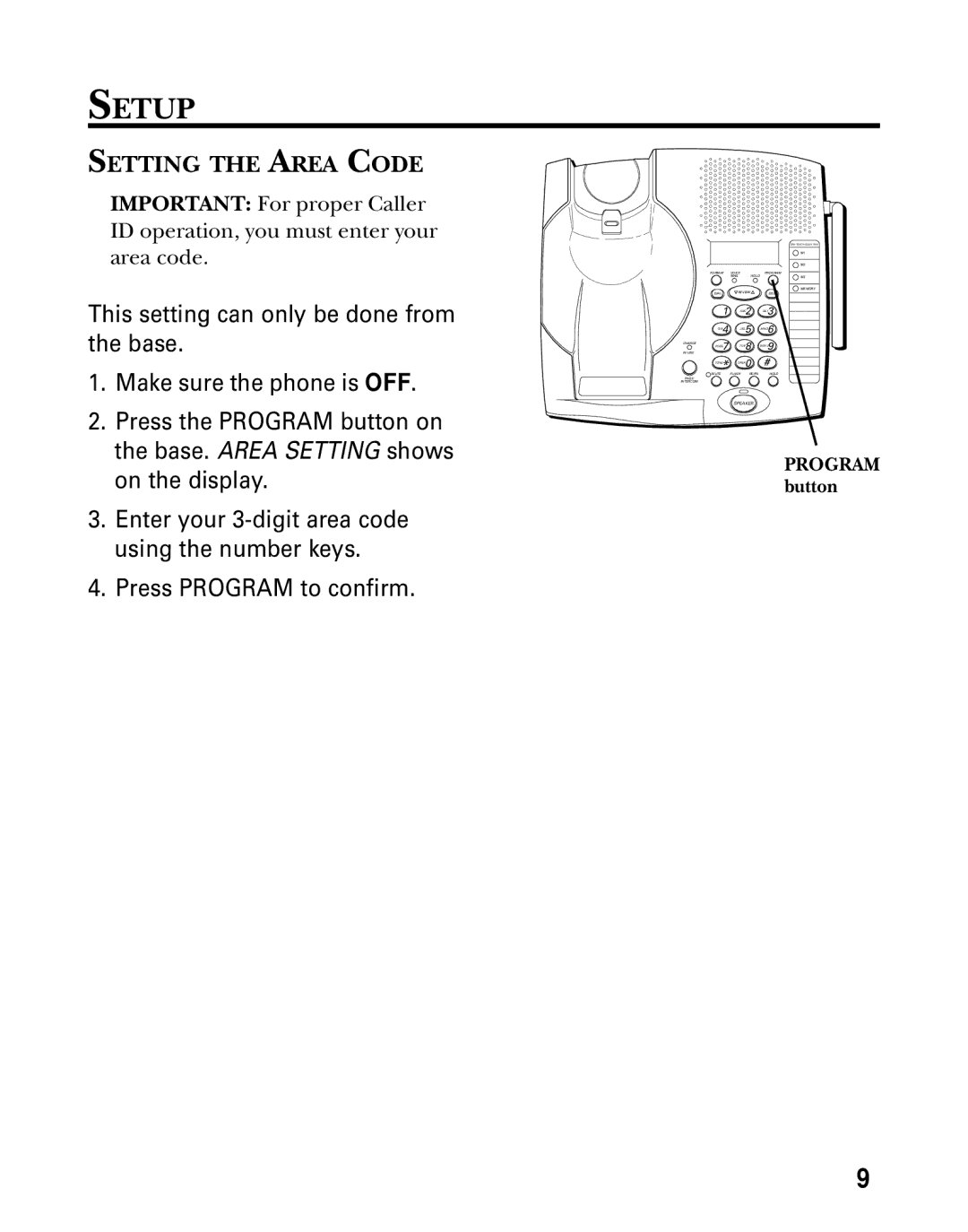 GE 26936 manual Setup, Setting the Area Code 