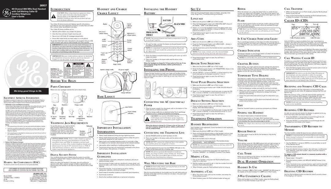 GE 16154820 important safety instructions Introduction, Handset and Charge Cradle Layout, Installing the Handset Battery 