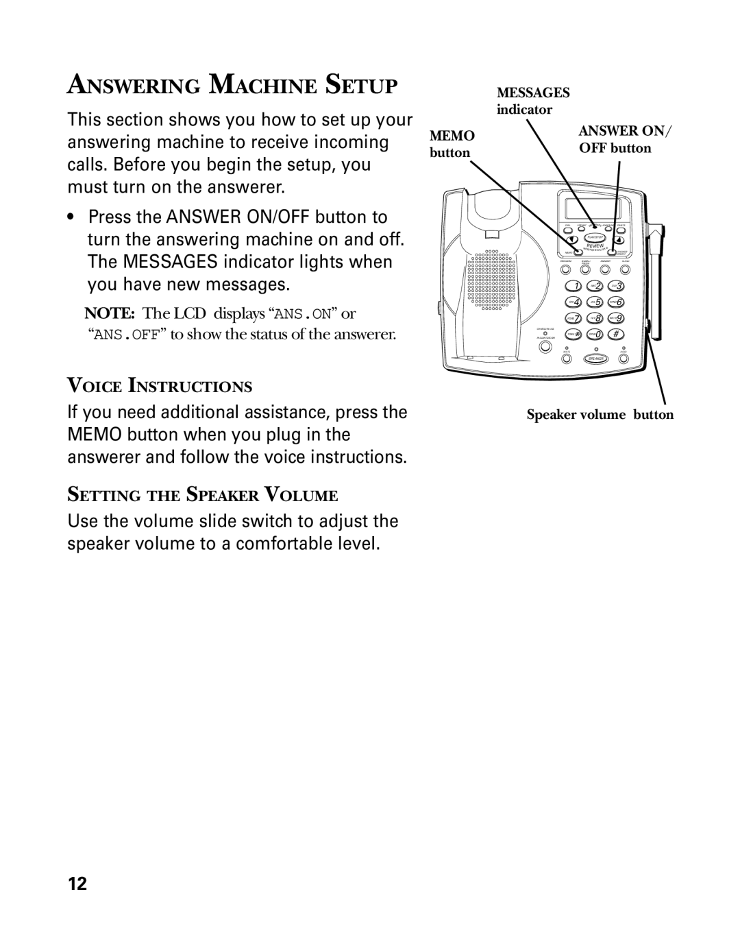 GE 26939 manual Answering Machine Setup, OFF button, Speaker volume button 