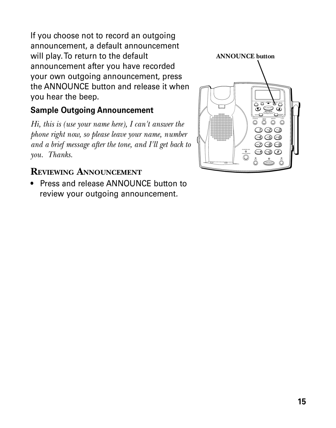 GE 26939 manual Sample Outgoing Announcement 