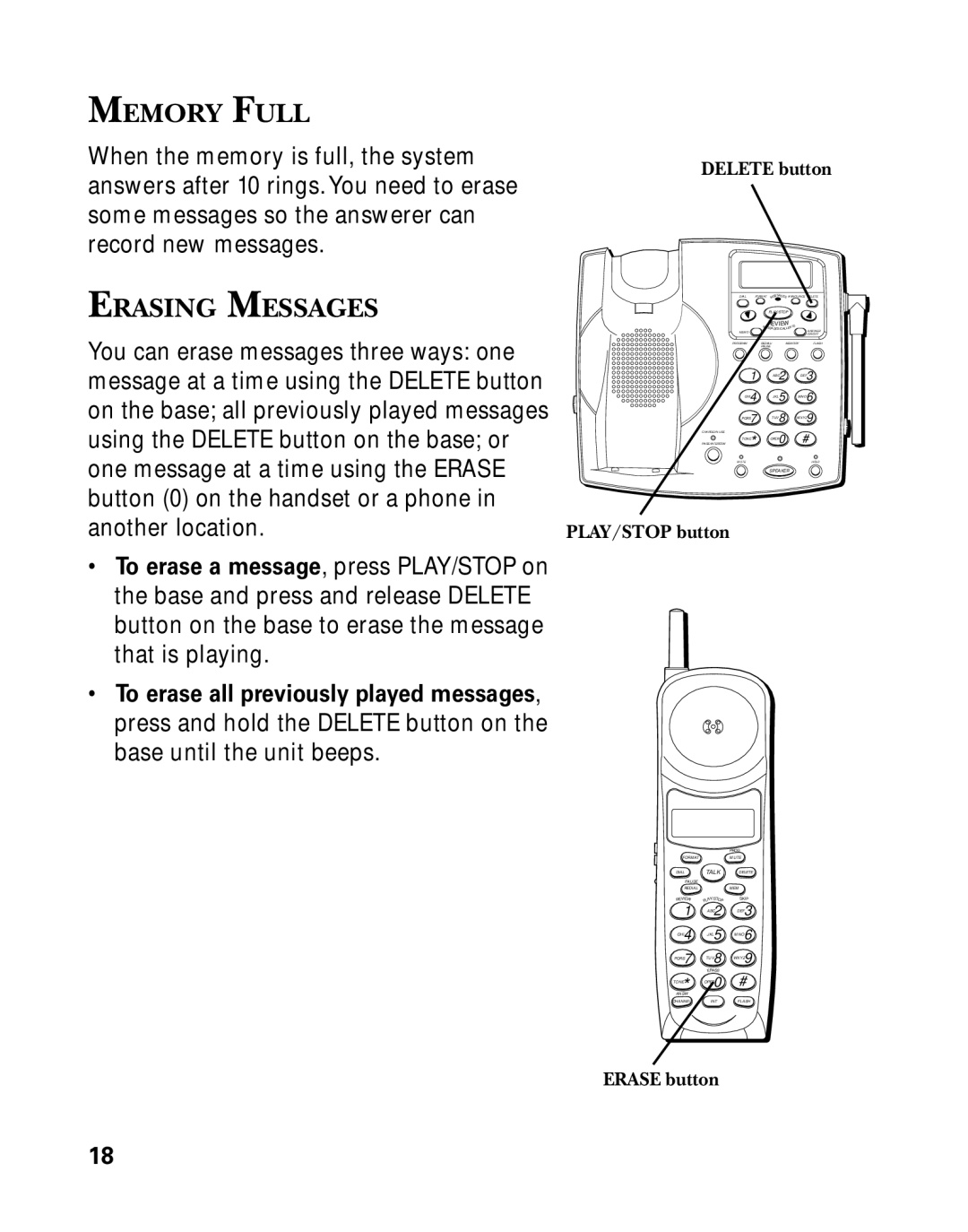 GE 26939 manual Memory Full, Erasing Messages, Delete button, Erase button 