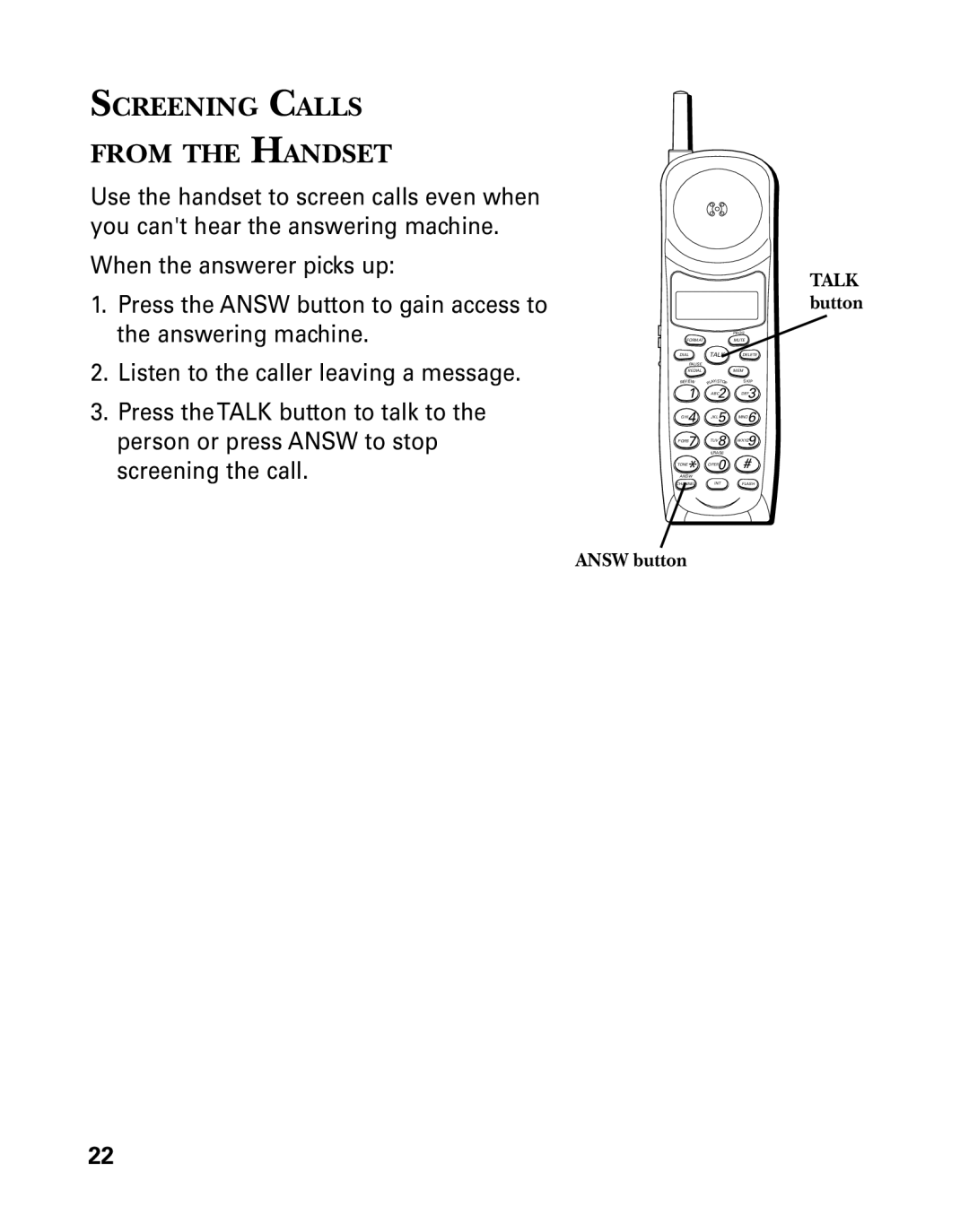 GE 26939 manual Screening Calls From the Handset, Talk button 