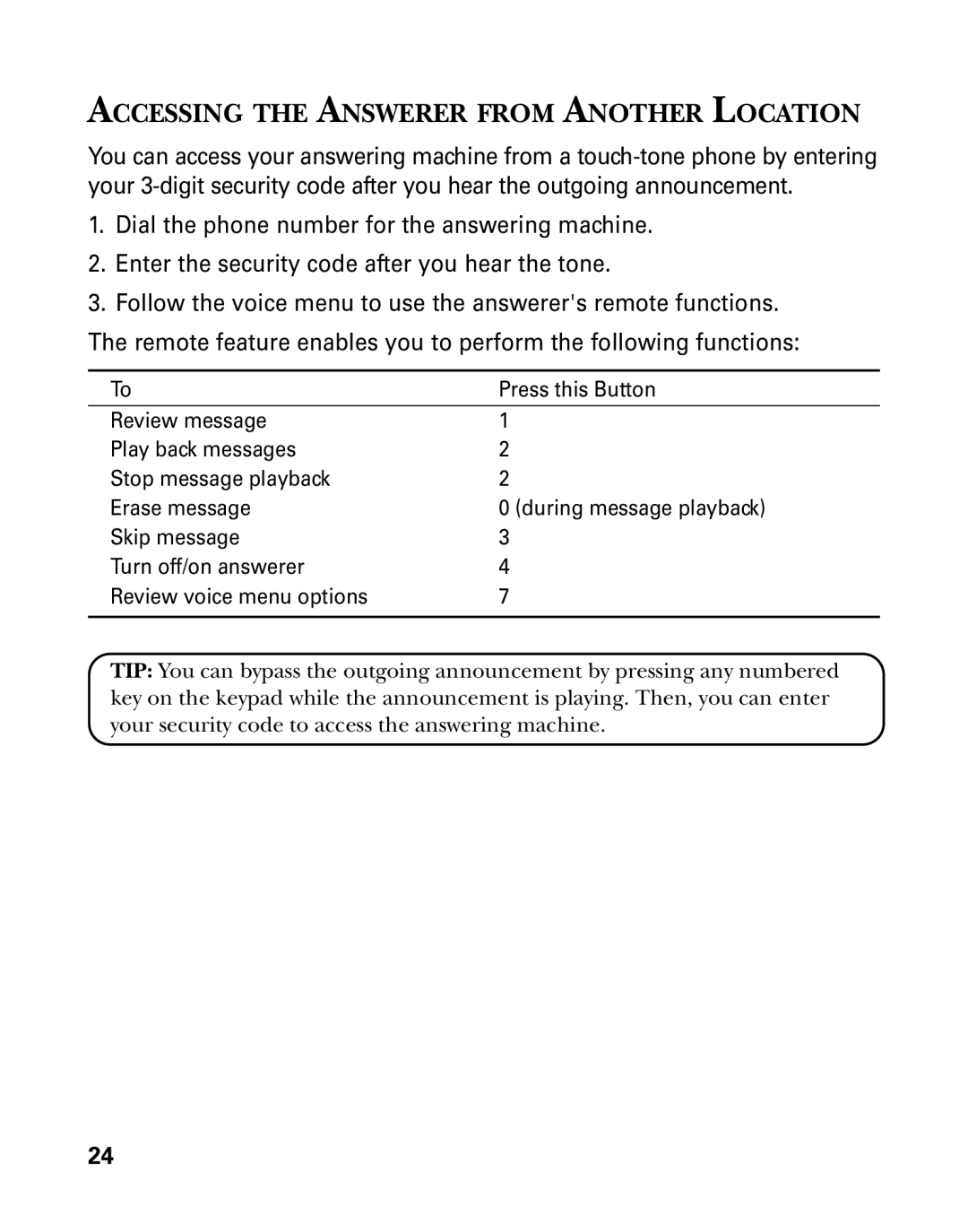 GE 26939 manual Accessing the Answerer from Another Location 