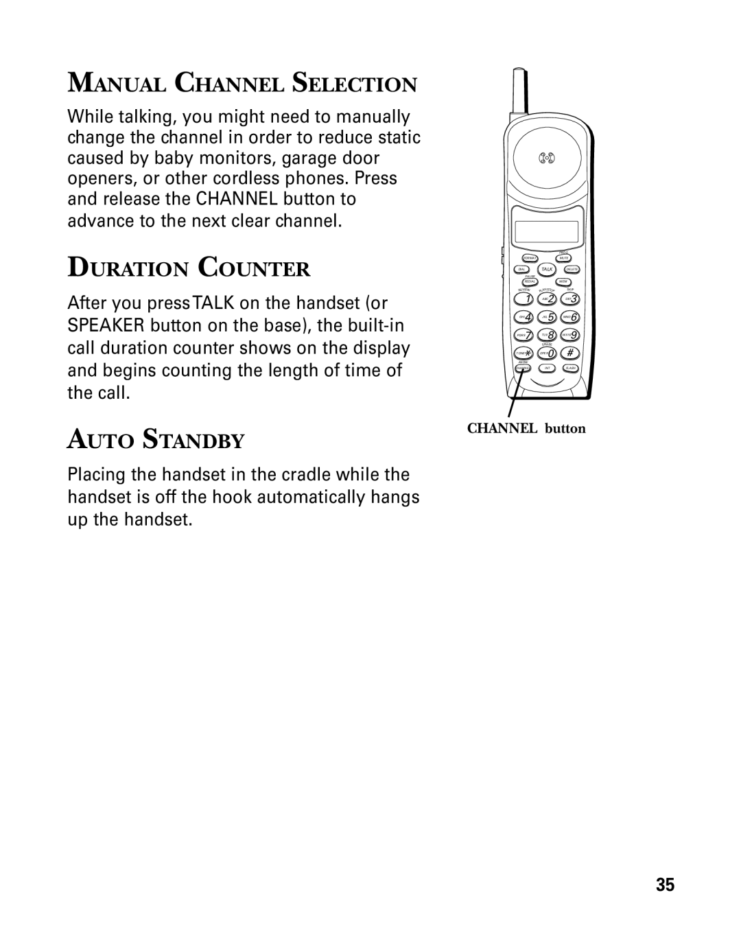 GE 26939 manual Manual Channel Selection, Duration Counter, Auto Standby, Channel button 