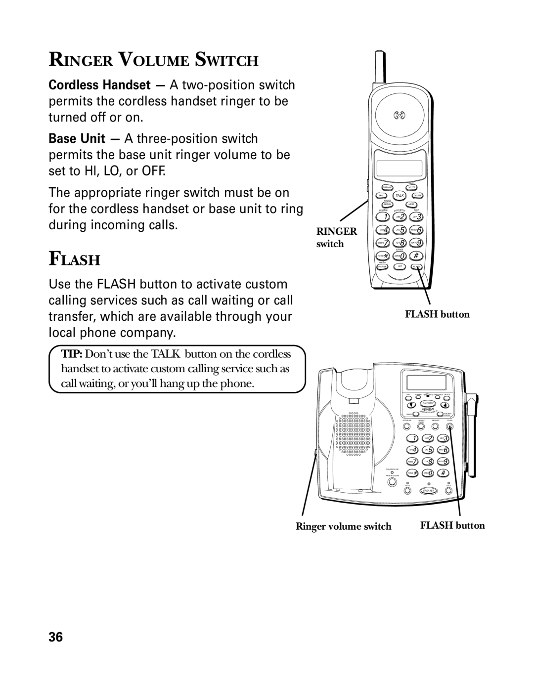 GE 26939 manual Ringer Volume Switch, Flash button, Ringer volume switch 