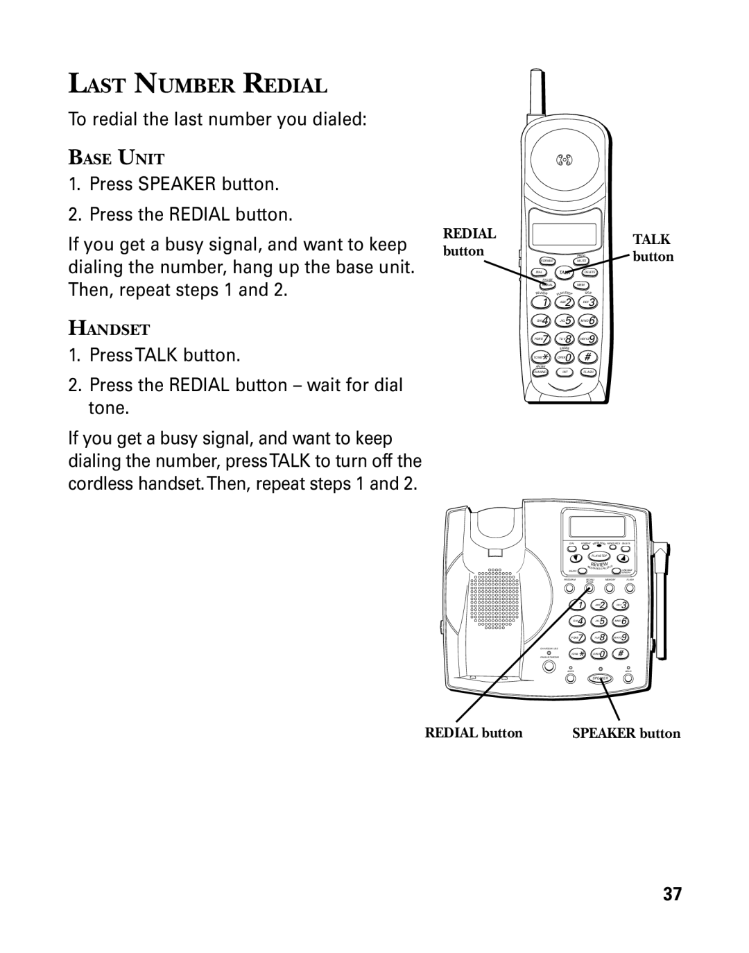 GE 26939 manual Last Number Redial, Redial button 