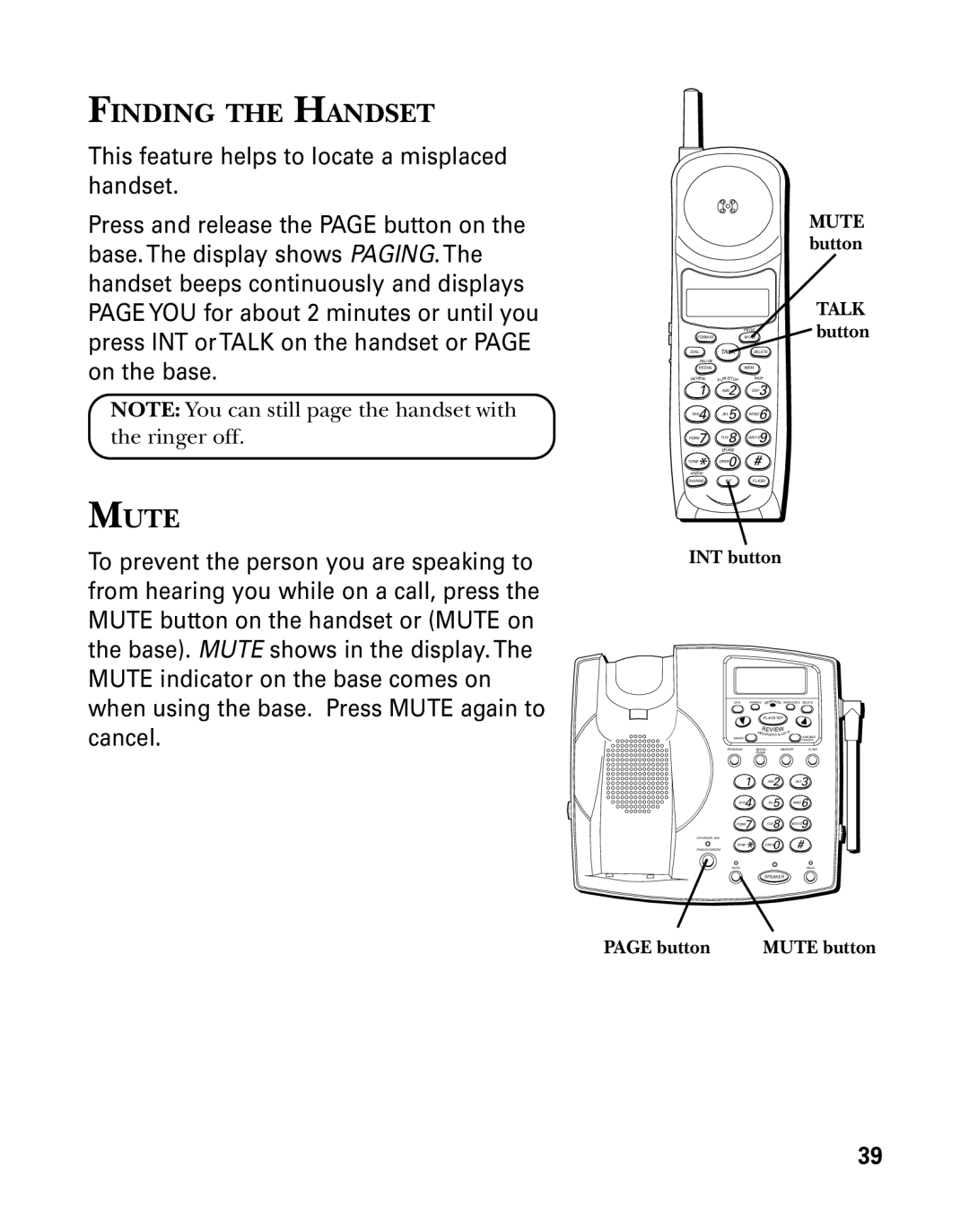 GE 26939 manual Finding the Handset, Mute, INT button, Button 